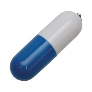 A capsule-shaped flash drive in blue and white, featuring a circular end and a metallic attachment.