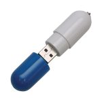A capsule-shaped flash drive in white and blue, with a hidden USB connector. It features a logo on the body.