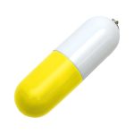 A yellow and white capsule-shaped flash drive with a silver connector at one end and a logo on the surface.