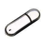 A silver and black curved flash drive with a glossy finish and a small branding logo.