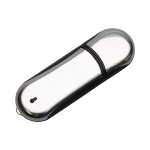 A silver and black curved flash drive with a glossy finish and a small branding logo.