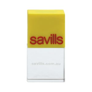 A crystal flash drive with a clear bottom and a bright yellow top featuring a logo.