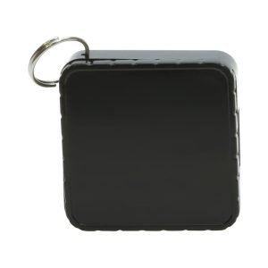 A square black flash drive featuring a metal loop attachment for convenience.