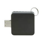 A square black flash drive with a metallic connector and keyring attachment. It features a branding logo.