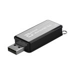 A black and silver USB flash drive with a logo, featuring a standard USB connector.