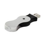 A silver and black swivel flash drive, featuring a sleek design and a circular swivel mechanism.