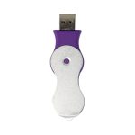 A purple and silver swivel flash drive with a USB connector and branding logo.