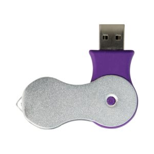 A purple and silver swivel flash drive with a logo on the body. The drive features a USB connector at one end.