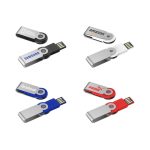 A collection of various flash drives in silver, black, blue, and red, featuring different logos.