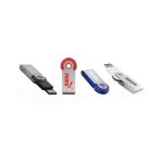 A collection of four swivel USB flash drives in grey, silver, red, blue, and white colours, each featuring a logo.