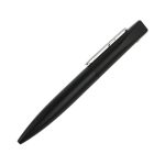 A black metal pen with a sleek design and a chrome clip, featuring a logo on the side.
