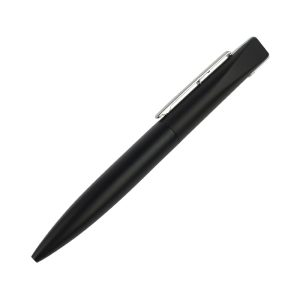 A black metal pen with a sleek design and a chrome clip, featuring a logo on the side.