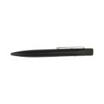 A black metal pen with a sleek design and a silver clip, featuring a logo on the side.