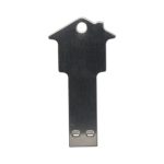 A silver USB flash drive shaped like a house key, featuring a keyhole and a hole for attaching a keyring.