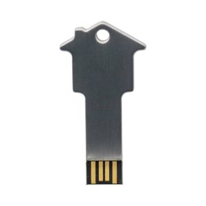 A silver USB flash drive shaped like a house key, featuring a gold connector and a key ring hole.