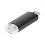 A black flash drive with a transparent cap and a silver USB connector, featuring a logo.