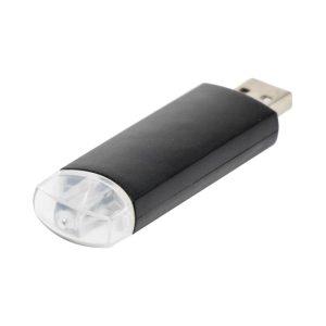 A black flash drive with a transparent cap and a silver USB connector, featuring a logo.