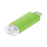 A bright green flash drive featuring a transparent end and a logo.