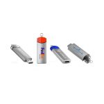 A collection of four metal flash drives in silver, orange, and blue, each featuring different shapes and a logo.