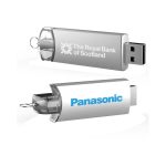 A silver metal flash drive with a transparent cap, featuring branding on both sides.