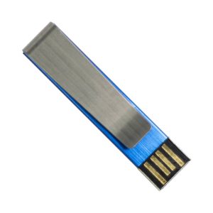 A blue flash drive with a metallic clip and gold connectors. The product features a logo.
