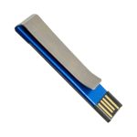 A blue flash drive with a metallic clip design, featuring a connector at one end and a logo on the clip.
