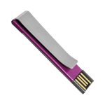A sleek purple and silver flash drive with a contemporary design and a logo.
