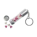 A silver LED USB flash drive with a transparent casing, containing pink and white heart-shaped candies and a keychain attachment.