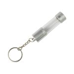 A silver USB flash drive with a clear casing, attached to a keychain. It features a circular keyring.