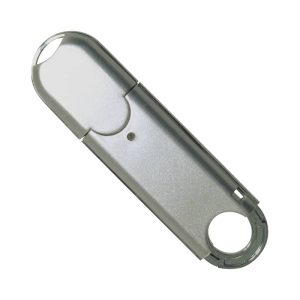 A silver flash drive with a rounded end and a small hole for attachment. It has a branding logo.