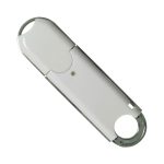 A white flash drive with a metal casing and circular attachment point, featuring a small indicator light.