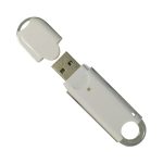 A white USB flash drive with a removable cap, featuring a circular keyring attachment and a silver metal base.
