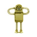 A gold robot-shaped flash drive with coiled arms and spring legs. The design features a shiny metallic finish.