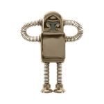 A metallic robot-shaped flash drive with flexible coil arms and legs, featuring a shiny silver finish.