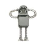 A metallic robot-shaped flash drive with a glossy finish and coiled metal arms and legs.