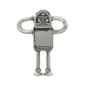 A metallic robot-shaped flash drive with a glossy finish and coiled metal arms and legs.