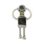 A chrome robot-shaped flash drive with flexible coil arms and legs, featuring a USB connector at the front.