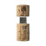 A cork flash drive with a small wooden cap, featuring a logo and a metallic USB connector.