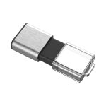 A silver and black flash drive with a transparent protective cover and a metal casing.