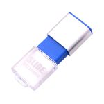 A blue and silver flash drive with a transparent casing, featuring a sliding mechanism.