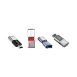 A variety of flash drives in silver, red, black, and blue, with distinctive branding on some.
