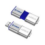 A silver and blue USB flash drive with a branding logo, featuring a retractable cover.