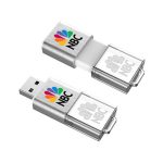 A metallic flash drive in silver with a logo on both sides, featuring a colourful design.