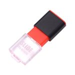 A red and black flash drive with a transparent casing. It features a branding logo on the side.