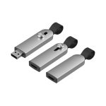 A silver Avior Flash Drive featuring a sleek design and a black strap, showcasing multiple connection ports.