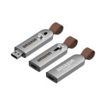 A silver flash drive with a brown strap and a logo, featuring USB connectors on both ends.