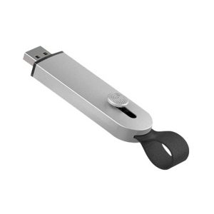 A silver USB flash drive with a black loop attachment and a fingerprint sensor.