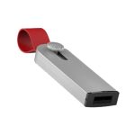 A sleek silver flash drive with a red strap, featuring a logo on one side.