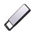 A black and silver flash drive with a sleek design and a branding logo.