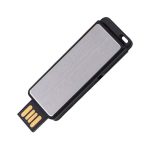 A sleek black and silver flash drive with a metallic finish and a connector at one end.